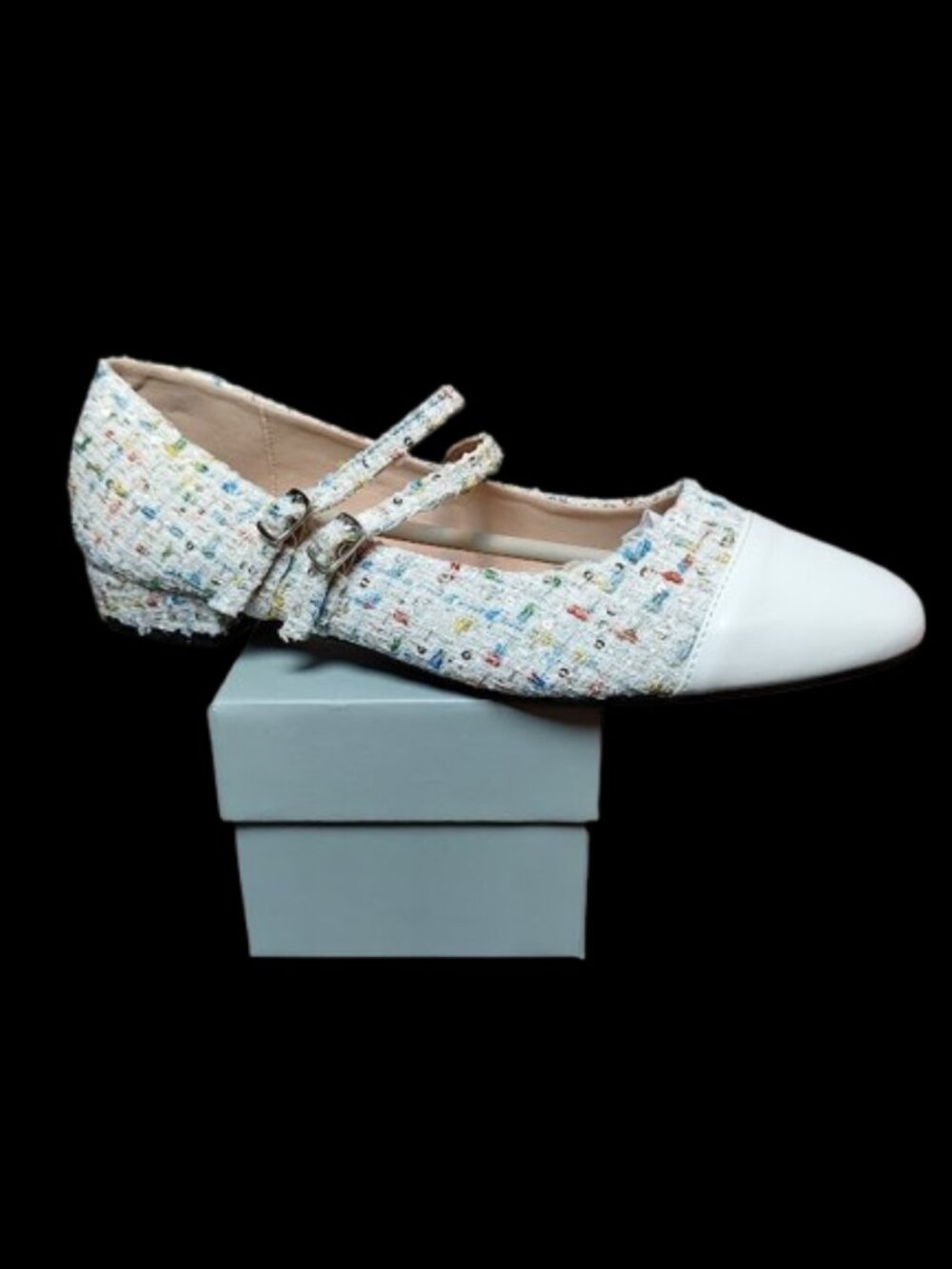 C.Paravano Tweed Mary Jane Flats White Cap Toe Double Strap Clara Sz 11.5 EU42.5